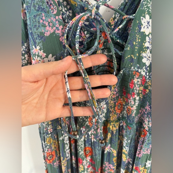 Vintage Multicolore Floral Green Midi Dress Large Slit Tied back Cottagecore - Picture 6 of 12